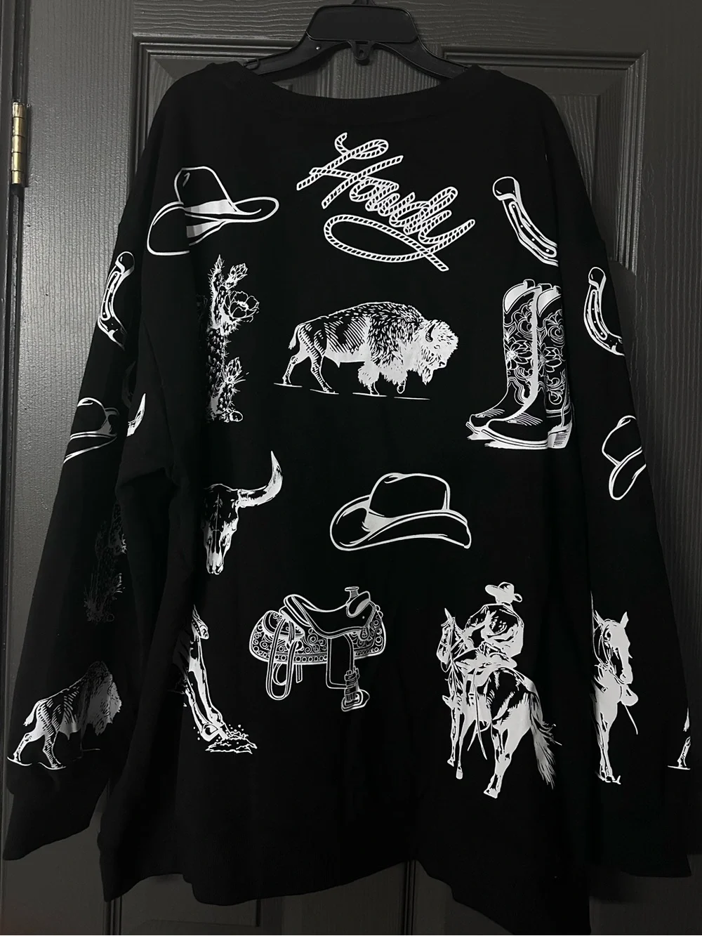 3XL Lucky & Blessed Black Crewneck Sweater with White Western Graphics